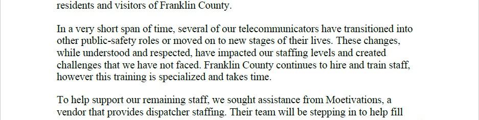 Franklin County Department of Emergency Services is currently facing an unprecedented staffing shortage.