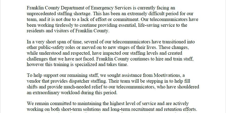 Franklin County Department of Emergency Services is currently facing an unprecedented staffing shortage.